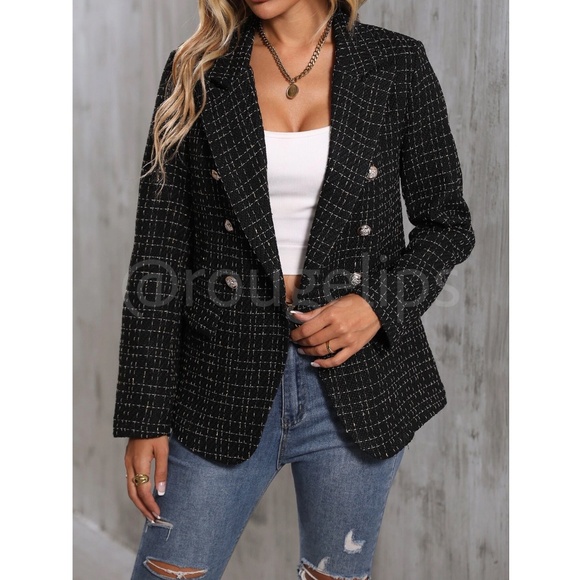 Classic Tweed Double Breasted Black Blazer Jacket Long Sleeve - Picture 2 of 9